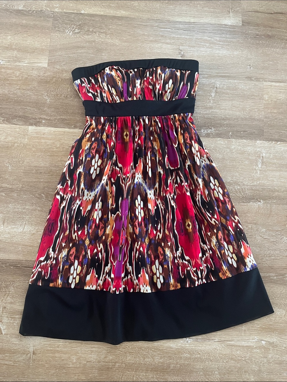2000s Strapless Multicolor Printed Dress with Black Trim